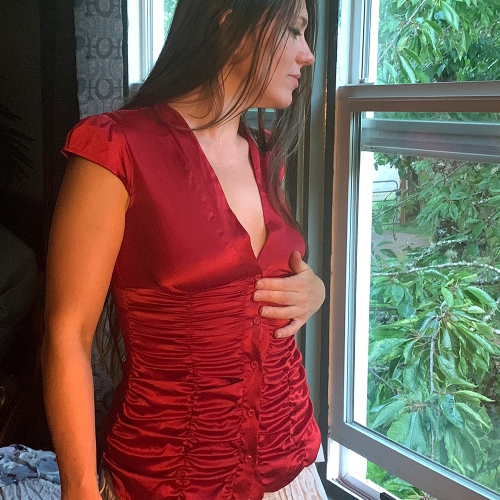 Sexy ruffled red satin blouse